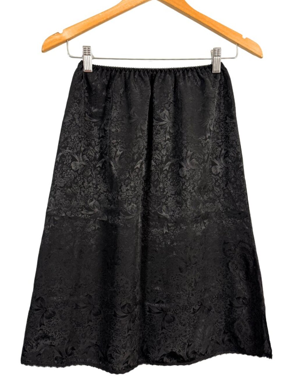 Vintage 90s Black Satin Slip Skirt, Floral Coquette Pattern, Whimsigoth